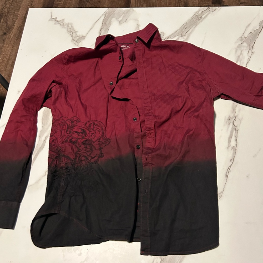 red and black embroidered button down